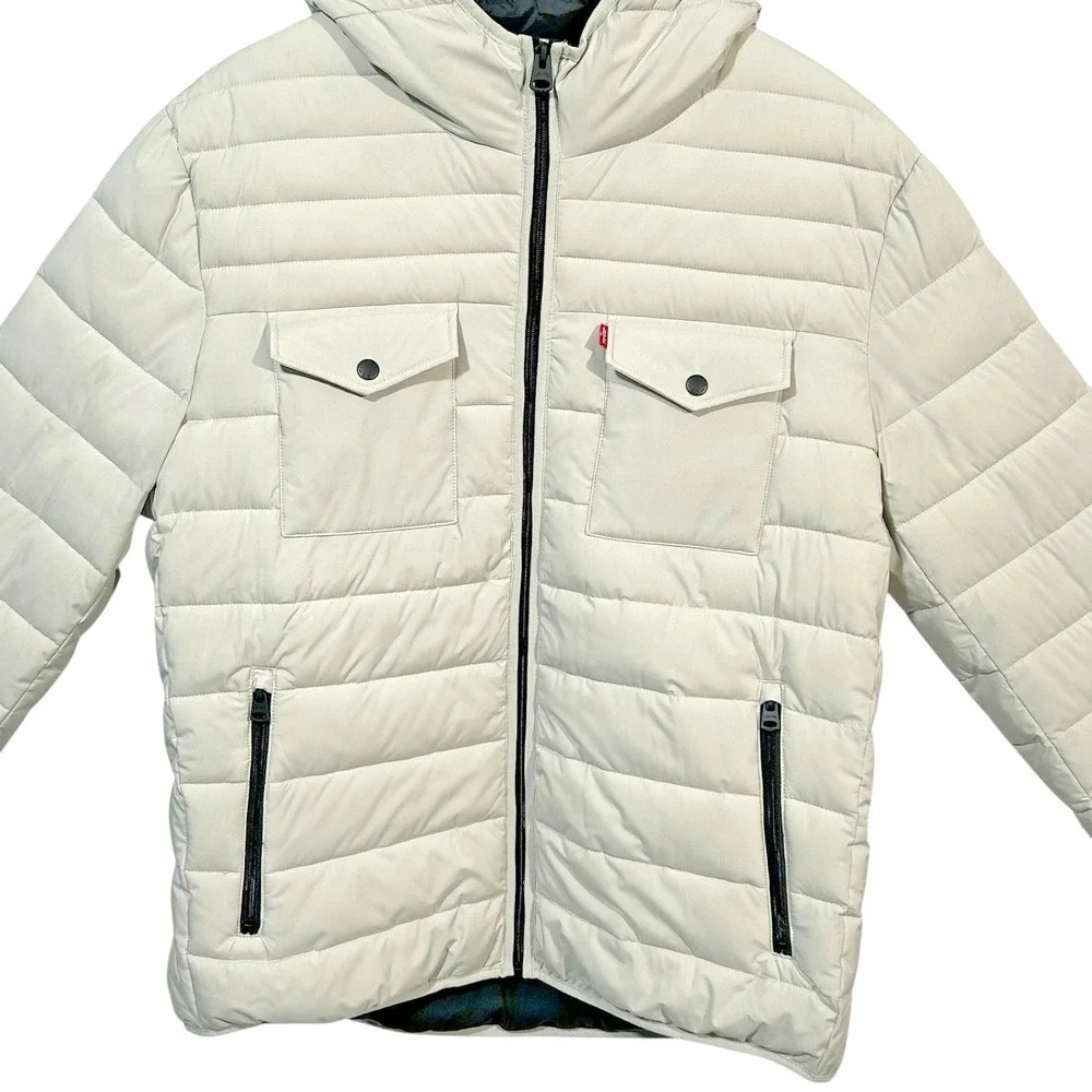 Levis Mens Stretch Quilted Puffer Jacket XL Off-White-Ice Hooded Water Resistant